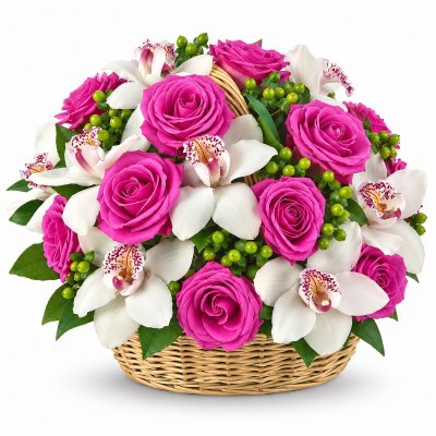 Róże i orchidee w koszu